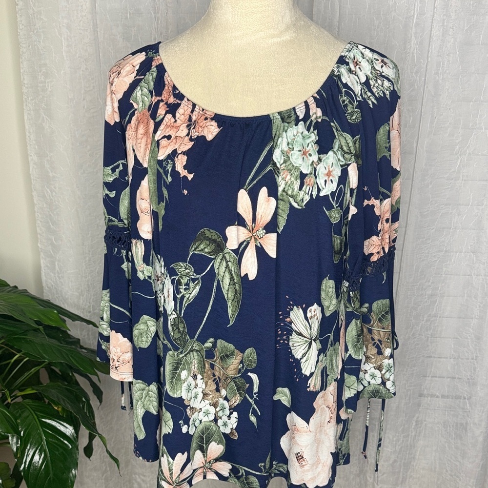 Floral Navy Blouse with 3/4 Sleeves